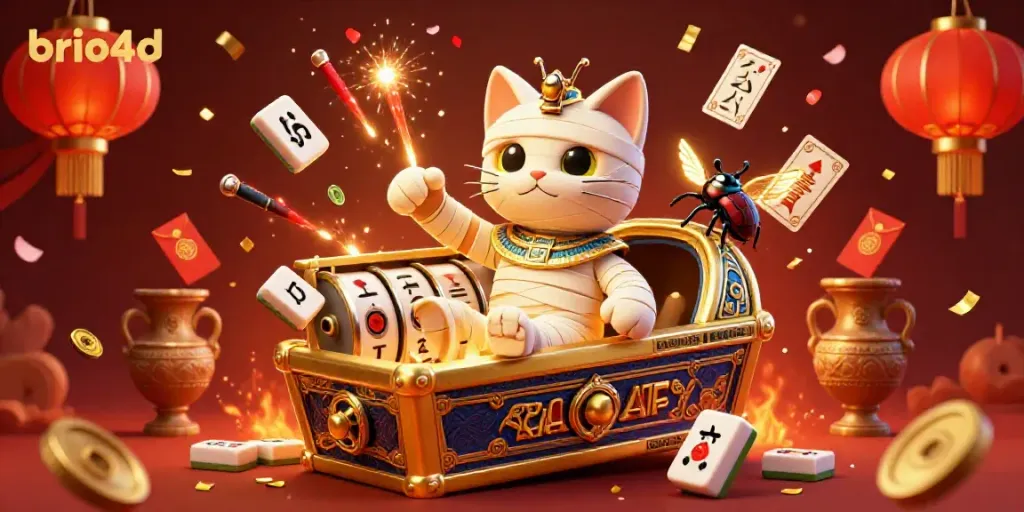Experience the thrill of brio4d with a captivating scene of a mummy cat in a casino bursting with energy and festive elements.