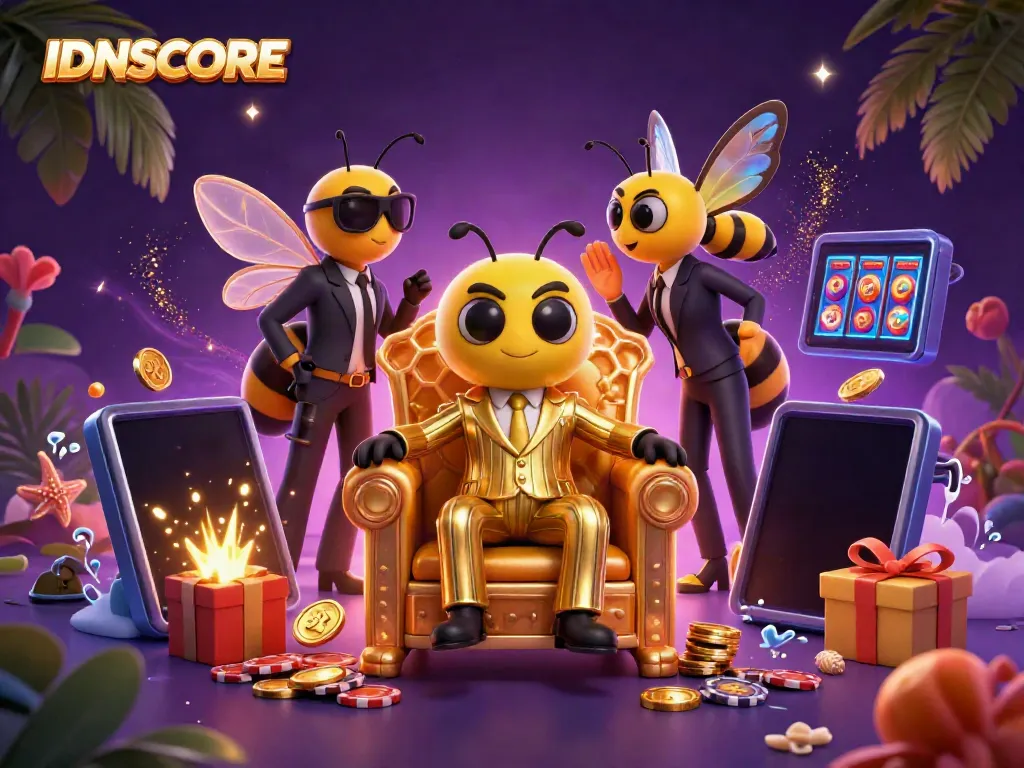 Experience IDNSCORE with engaging slot games and premium visual elements in a vibrant 3D scene.