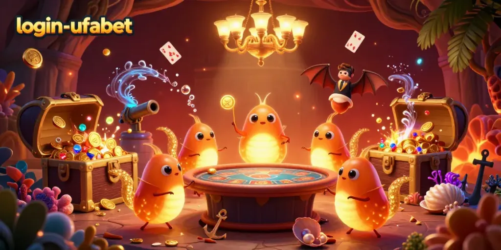 Experience thrilling games at login-ufabet within a vibrant cave casino illuminated by bioluminescent glowworms.