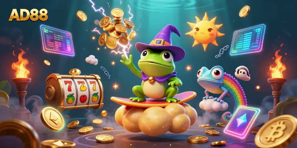 Experience excitement at AD88 with a storm of golden coins amidst vibrant casino elements.