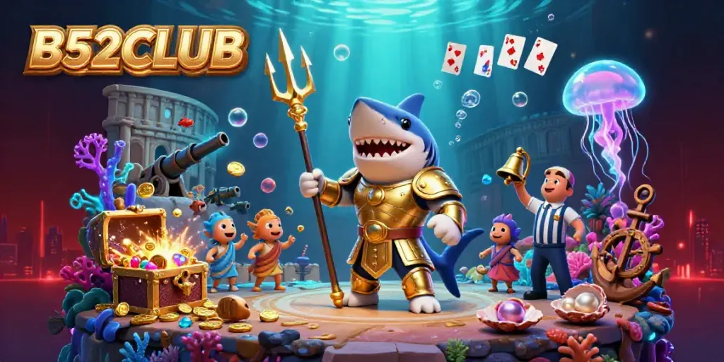 B52CLUB brings excitement to life with a tiger shark gladiator amidst a vibrant underwater casino scene.