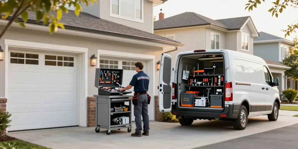 Technician providing garage door opener service in a residential area, showcasing tools and van.
