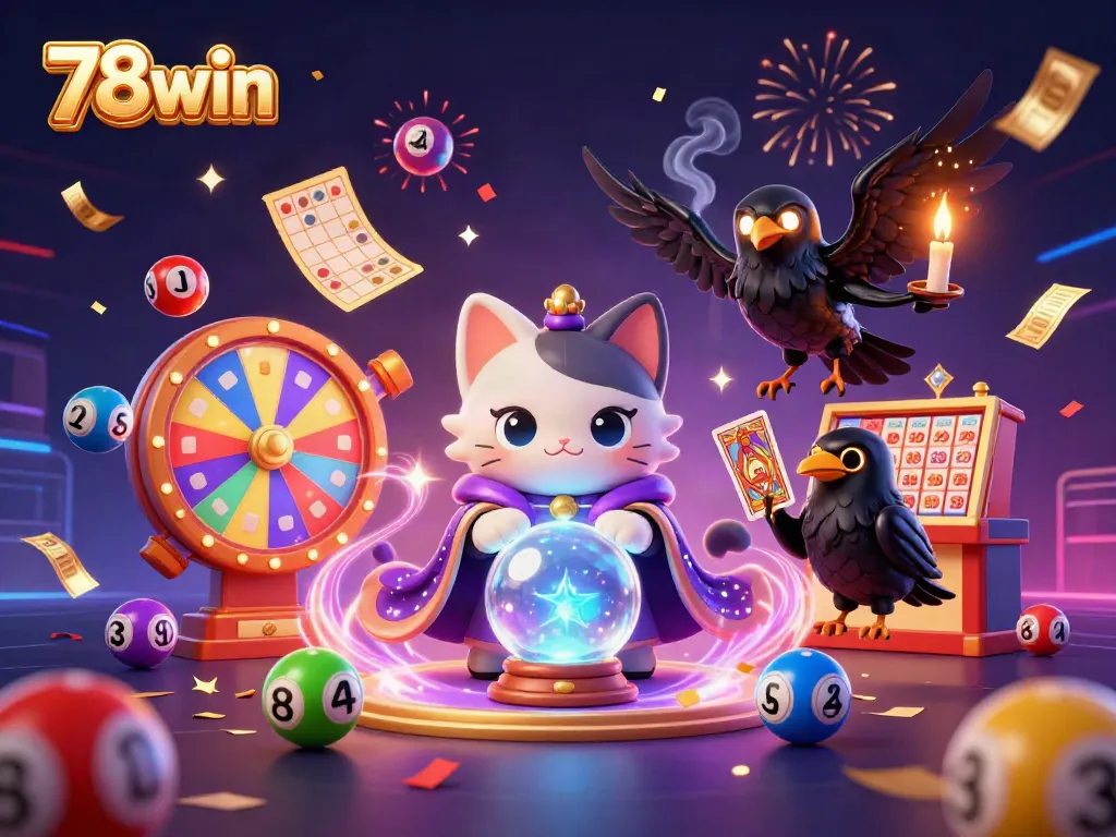 Engage with 78win's vibrant lottery world featuring mystic characters and colorful game elements.