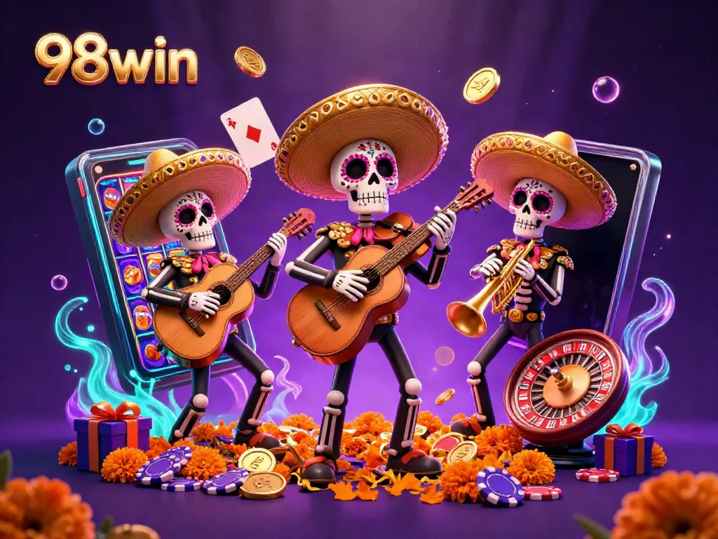 Experience the vibrant casino world with 98win featuring a festive mariachi band and animated casino elements