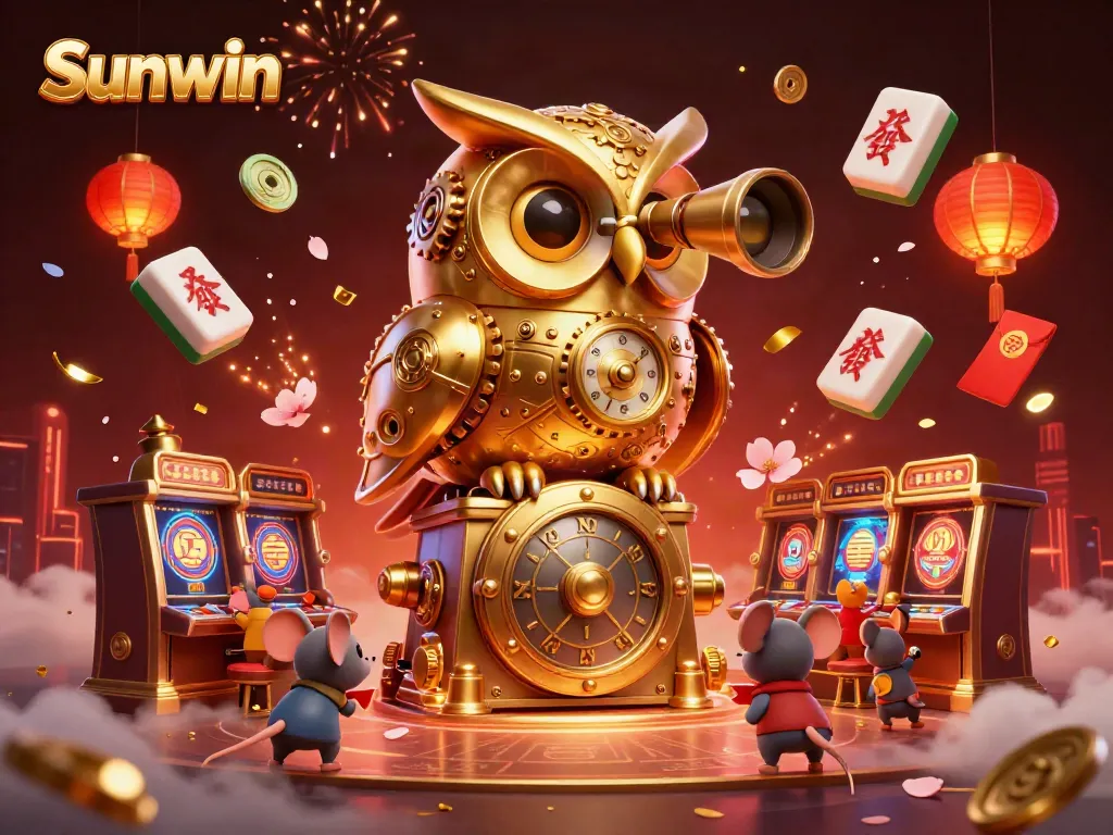 Experience the excitement of Sunwin with a golden owl surveying a lively casino floor, packed with vibrant elements.