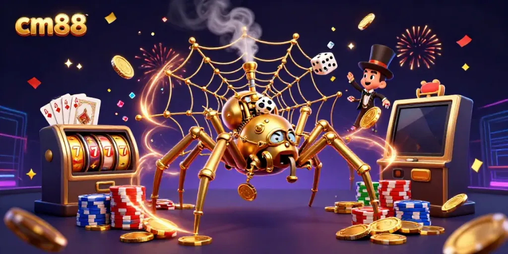 Experience excitement at cm88 with a vibrant 3D illustration of a golden spider and a fly gentleman amidst cascading coins and spinning slots.
