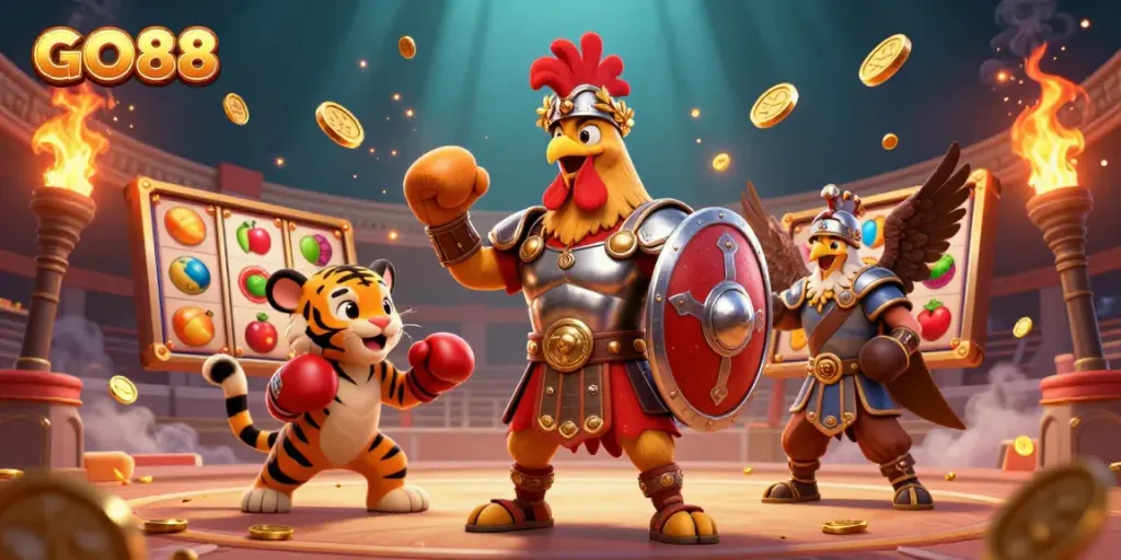 Experience the thrilling GO88 online casino with an energetic 3D illustration showcasing jackpot reels and lucky symbols.