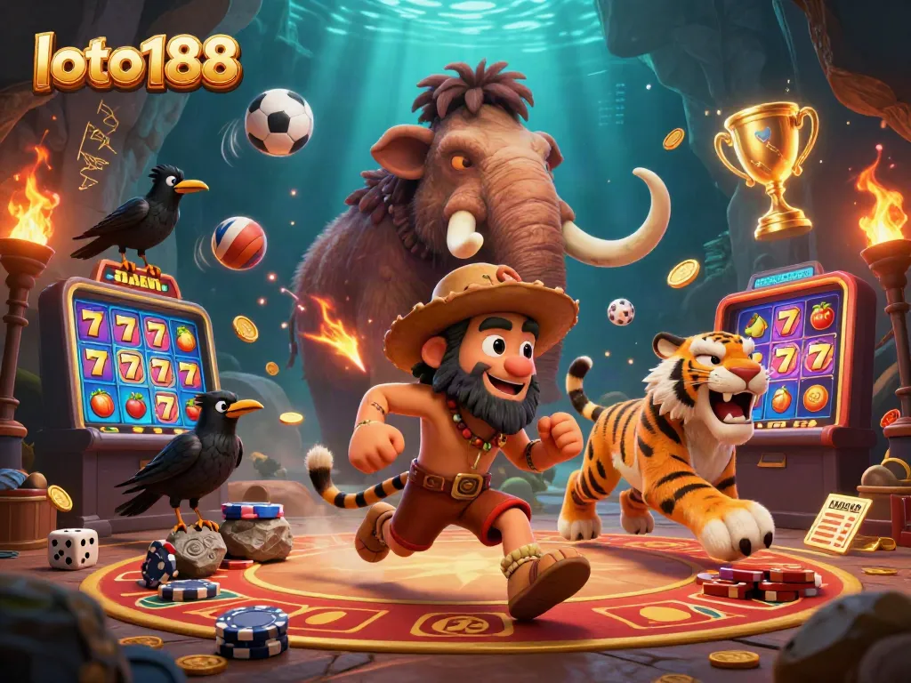 Experience thrilling gambling at loto188 with a dynamic prehistoric casino scene featuring characters and game elements.