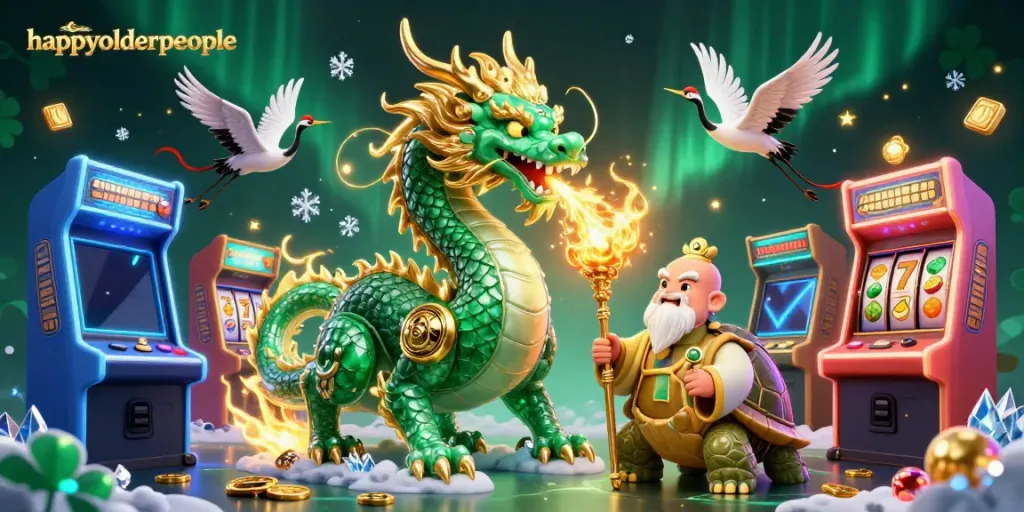 Experience excitement and fortune with happyolderpeople in this vibrant casino scene featuring a jade dragon and lucky symbols.
