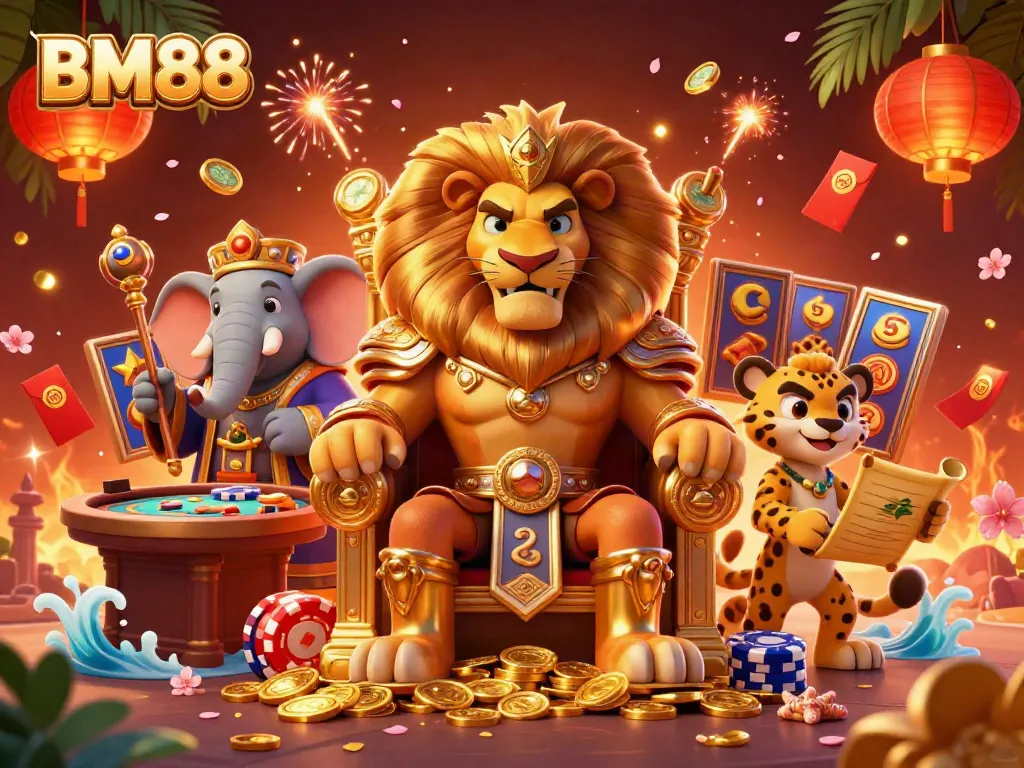 Join the excitement of BM88's gaming universe with a fierce lion king on a throne of coins, surrounded by vibrant gaming elements.