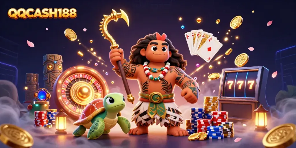 Engage in thrilling gameplay at QQCASH188 with a vibrant casino illustration featuring dynamic slot and game elements.