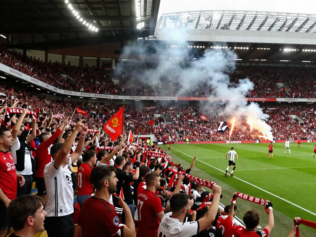 แมนยู vs ลิเวอร์พูล football match atmosphere with fans cheering and players in action.
