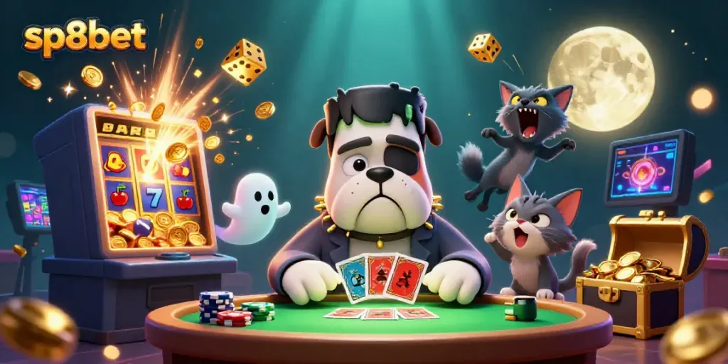 Enjoy thrilling games at SP8BET with a 3D cartoon bulldog dealer, exciting casino action, and jackpot coins.