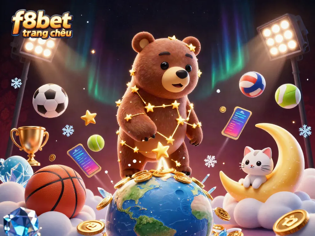 Experience excitement with f8bet trang chủ as the constellation bear scoops coins under a vibrant night sky.