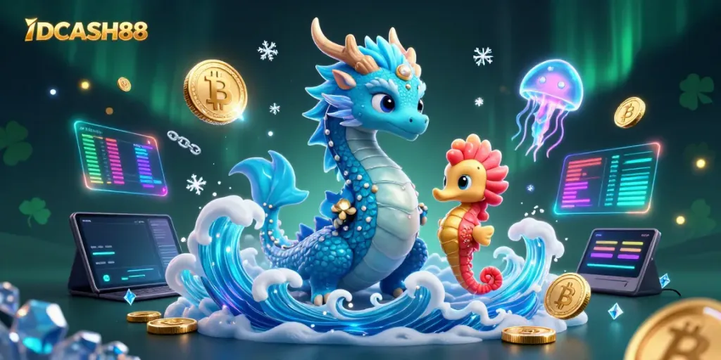 Engage with IDCASH88, a vibrant online casino imagery featuring a dragon and neon coins.