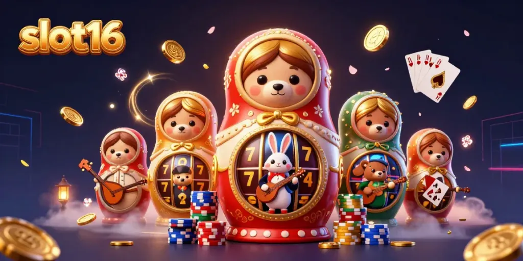 Experience slot16 with a vibrant scene of cartoon characters and casino games including royal flush cards and slot machines.