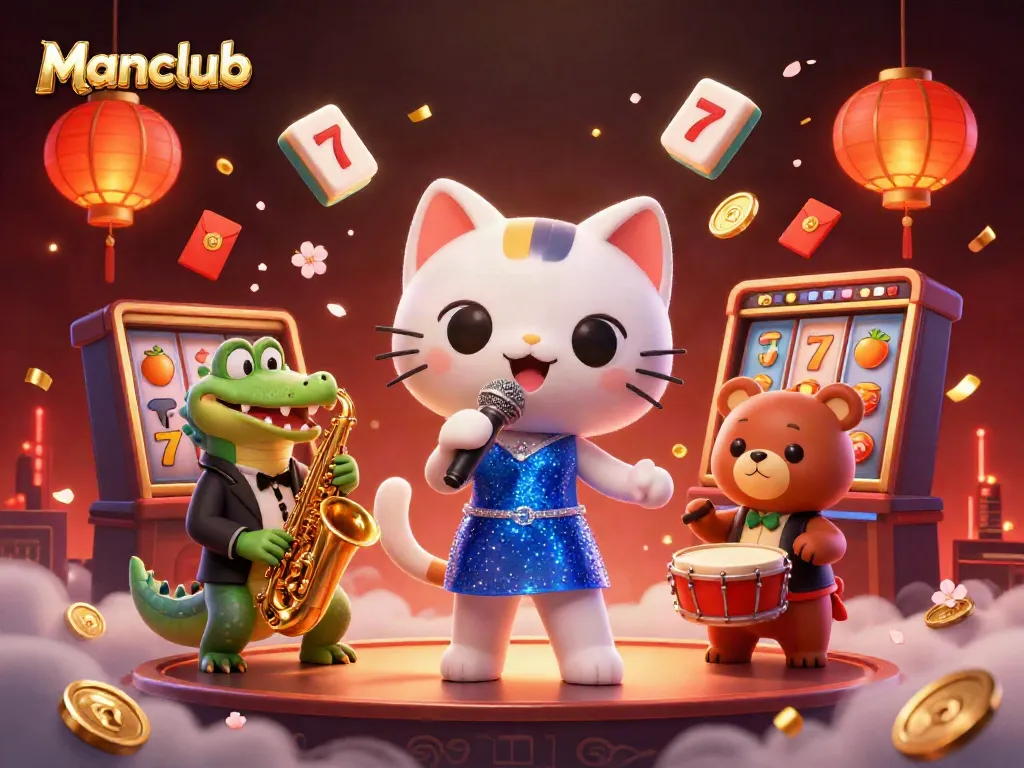 Join the vibrant casino scene with the Manclub jazz-singer cat and friends celebrating gaming thrills.