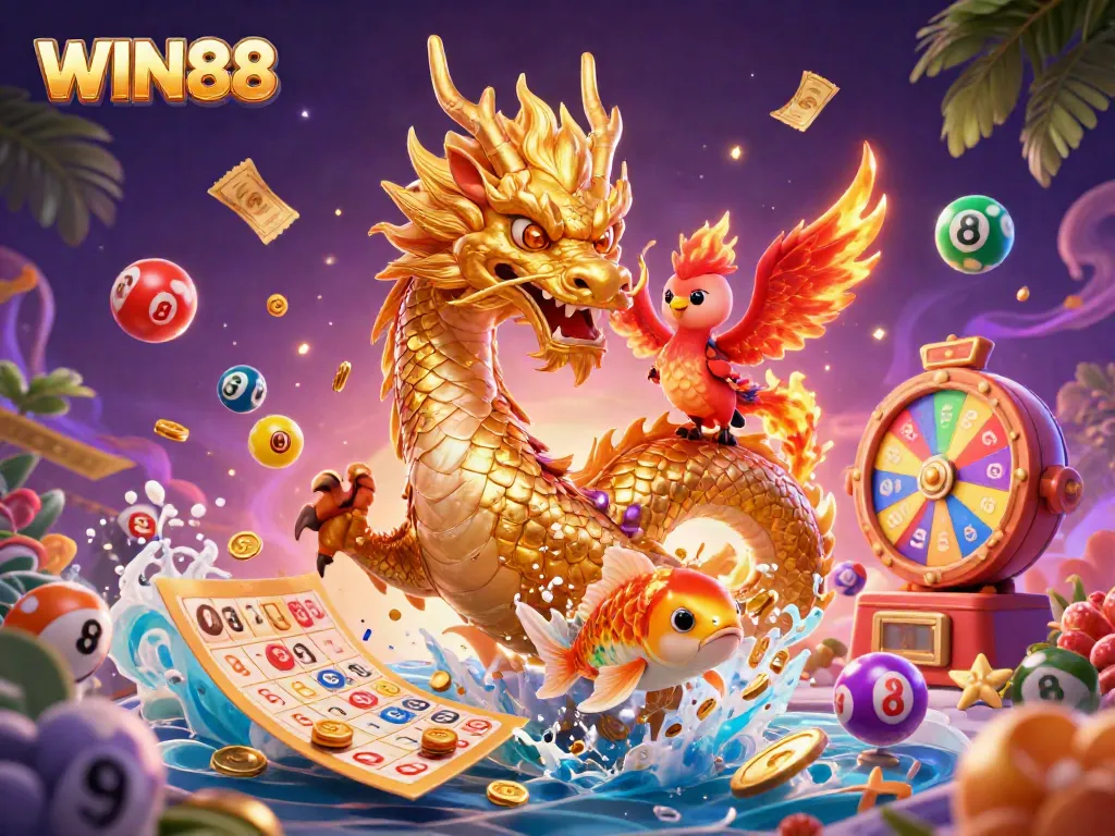 Experience the magic of WIN88 with a golden dragon, phoenix, koi fish, and vibrant lottery elements.