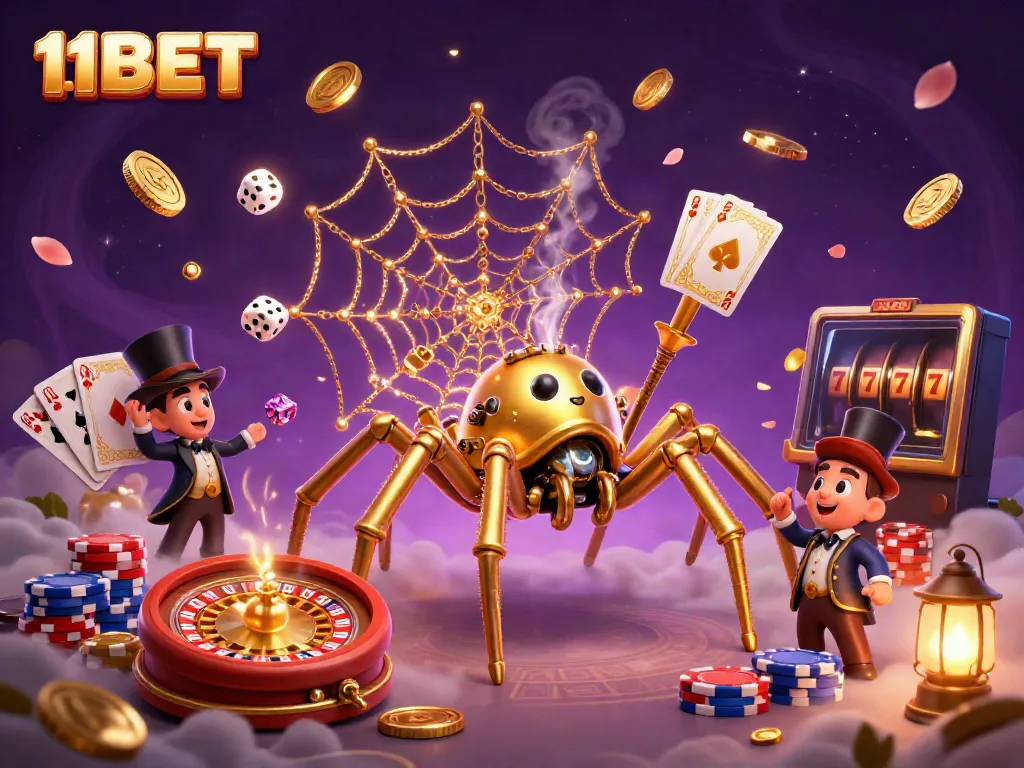 Experience the excitement of 11BET with a dynamic 3D casino scene featuring golden spiders and poker chips.
