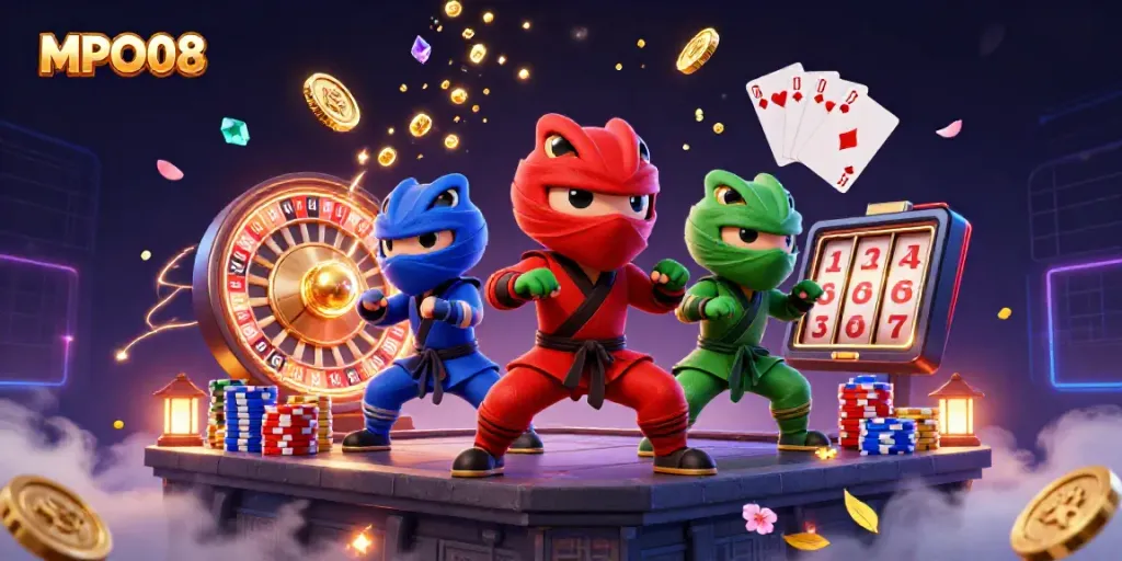 MPO08 showcases a vibrant 3D scene with chameleon ninjas performing martial arts, symbolizing thrills in online gambling.