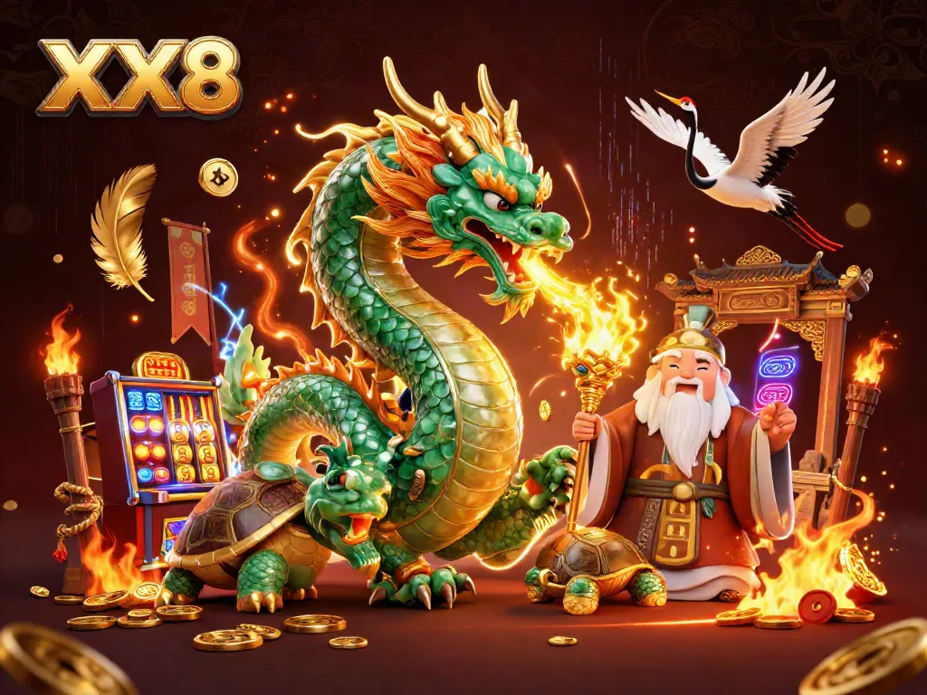 Experience thrilling gaming with XX8, as a jade dragon and turtles bring luck in a casino setting.