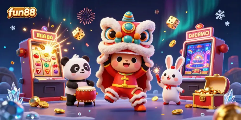 Engage with fun88's vibrant gaming culture featuring a festive lion dance amidst jackpot explosions and dynamic casino elements.