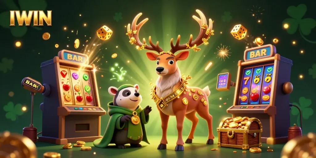 IWIN showcases exciting casino games with a druid stag and badger in a vibrant casino scene.