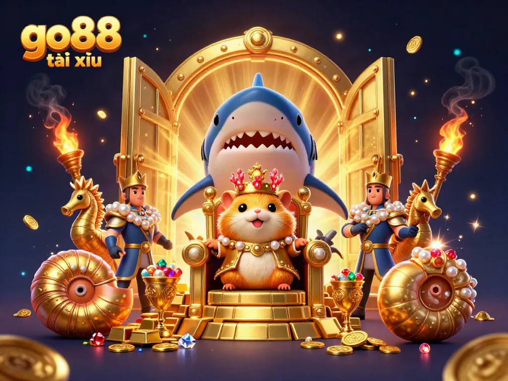 Experience the excitement of go88 tài xỉu with a majestic hamster king surrounded by golden treasures in an engaging casino setting.