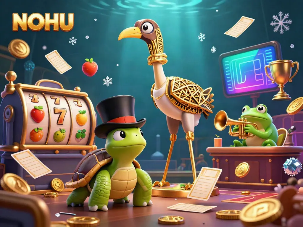 Engage with NOHU's thrilling casino experience featuring dynamic slot reels and charming characters.