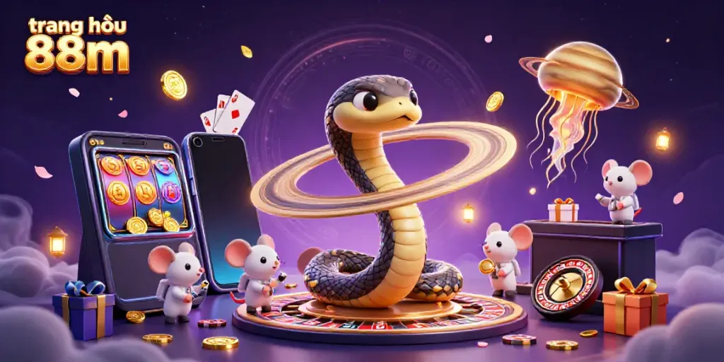 Engage with the trang chủ 88m theme as the Saturn ring snake spins a roulette, surrounded by vibrant casino elements.