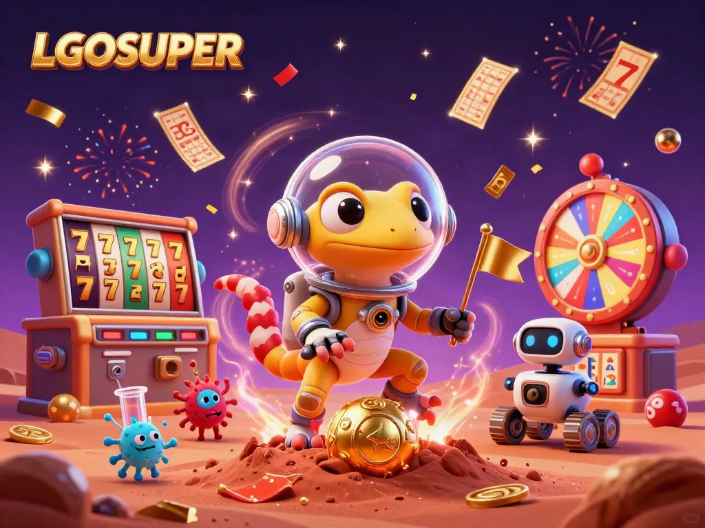 Experience LGOSUPER's dynamic casino adventure with a Martian gecko and vibrant gaming elements.