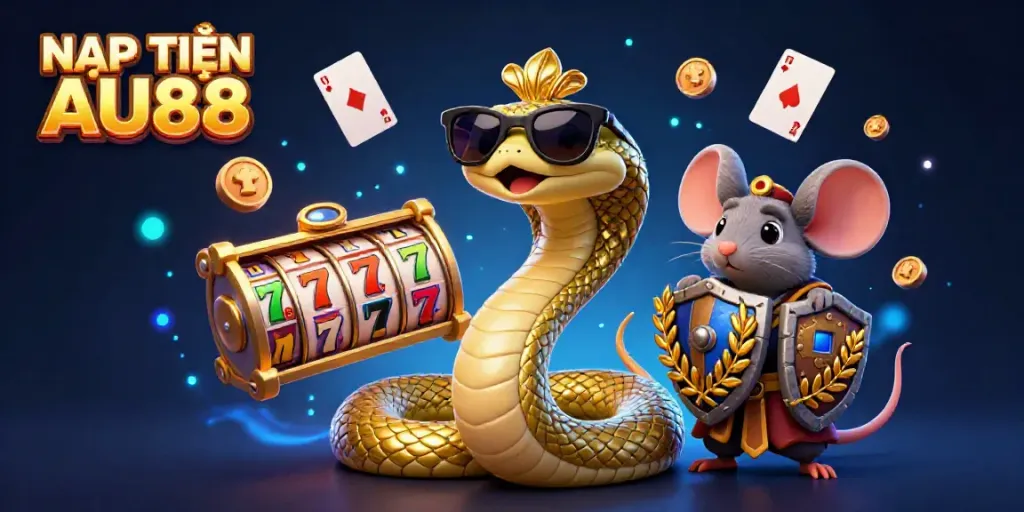 NẠP TIỀN AU88 brings you lively 3D casino fun with Medusa and a warrior mouse amidst slot reels and poker cards.