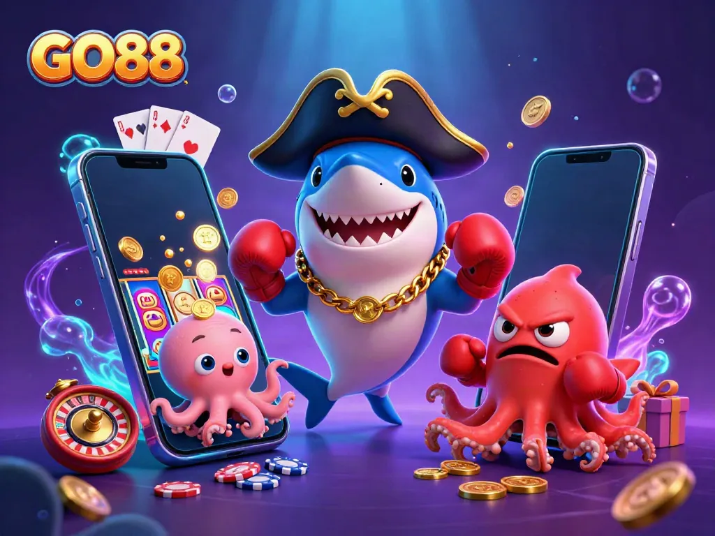 Engaging GO88 scene featuring playful characters and vibrant casino elements for online gaming experience.