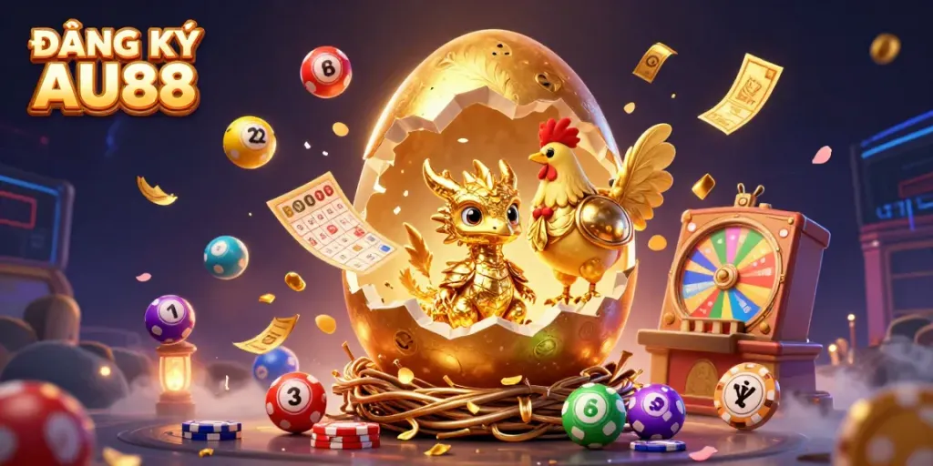 Register with ĐĂNG KÝ AU88, showcasing a golden dragon and poker chips amidst dynamic casino elements.