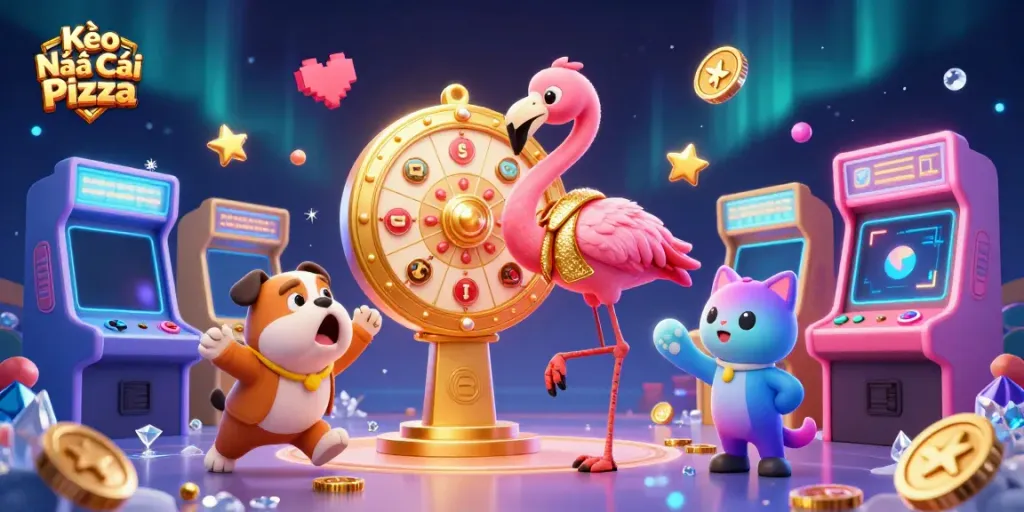 Engage in Kèo Nhà Cái Pizza vibes with a game show host flamingo, bulldog contestant, and cat assistant in a vibrant casino setting.