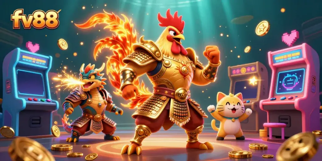 Experience exhilarating gameplay at fv88 with a dynamic casino scene featuring an armored rooster warrior and dragon.