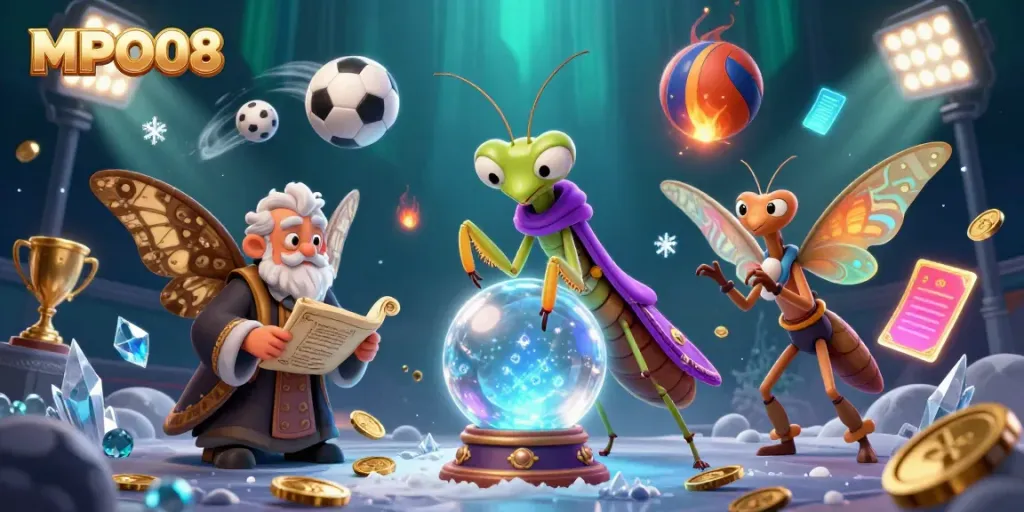 MPO08 features a whimsical illustration of a fortune teller and librarian in a casino with vibrant sports elements.