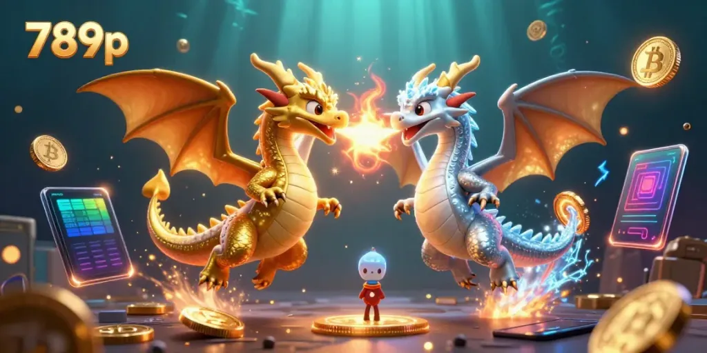 Engage with the vibrant dragons of 789p in a dramatic yin-yang scene showcasing crypto elements.