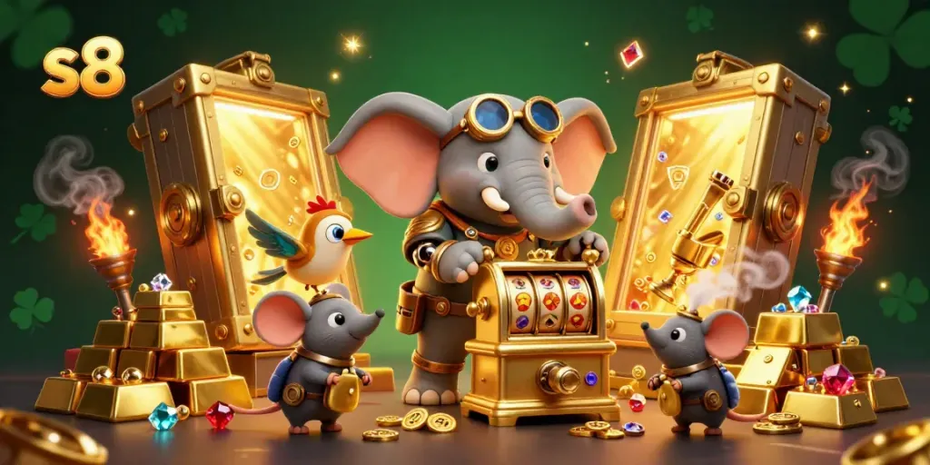 Spin gold jackpots at s8 with a lively steampunk elephant and treasure-filled scene.
