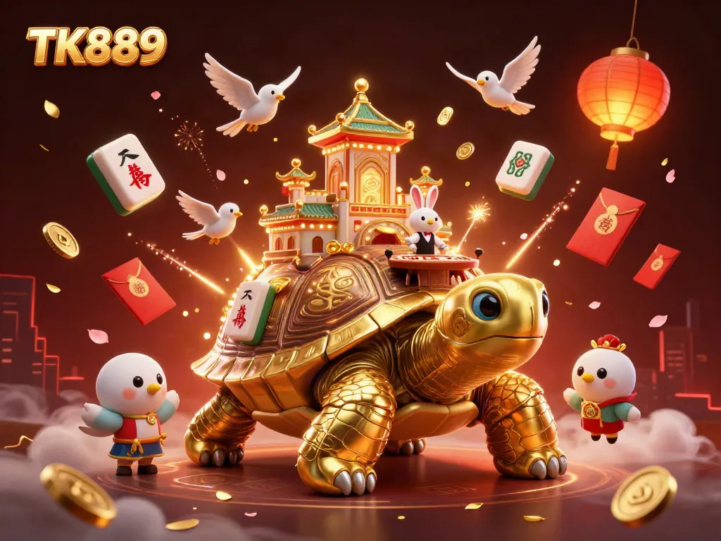 Engaging illustration of TK889, showcasing a golden tortoise casino, rabbit dealer, and flying coins