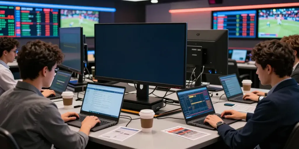 Engaged bettors in a modern Totobet office, with screens displaying odds and excitement.