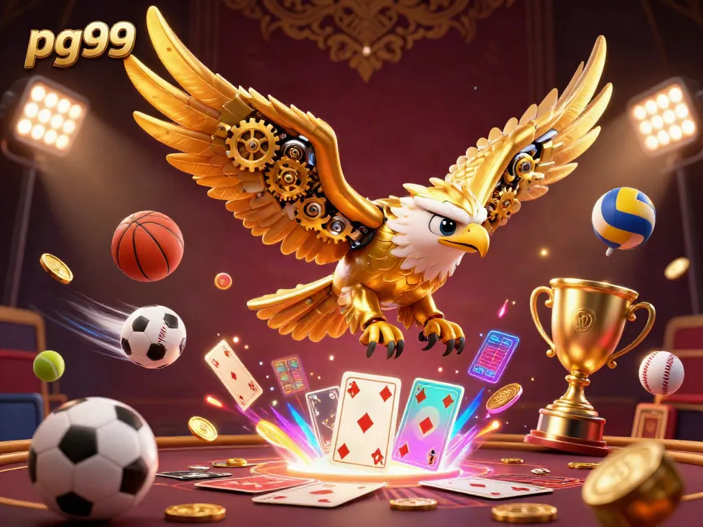 Experience thrilling online gaming with pg99, highlighted by a dynamic 3D illustration of a golden eagle and sports elements.