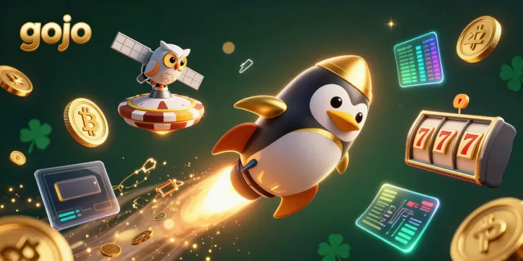 Experience epic gambling adventures with Gojo as a golden penguin navigates a casino cosmos.