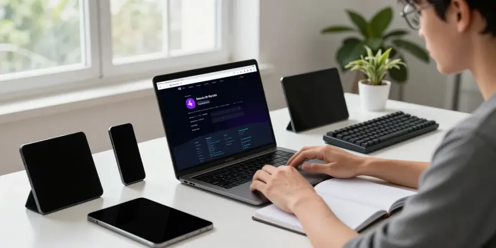 Focused user exploring mod apk downloads on a laptop in a modern workspace.