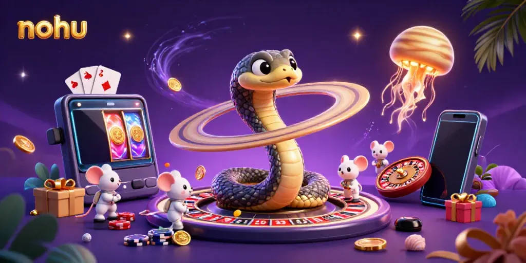 Experience nohu-themed fun as astronaut mice bet on a cosmic roulette wheel in this vibrant casino illustration.