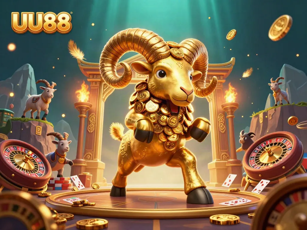 Experience thrilling action and excitement with UU88 in this vibrant casino scene of a golden ram charging towards a roulette wheel.