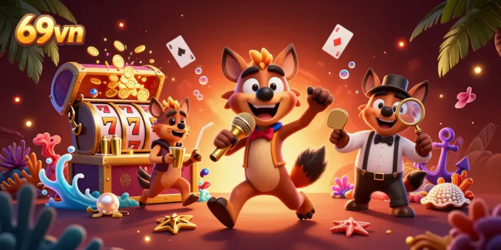 Experience exciting games and winning jackpots at 69vn with engaging characters in a vibrant casino setting.
