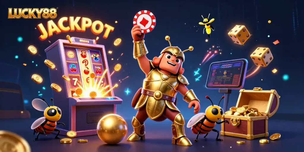 Experience the excitement of LUCKY88 with vibrant symbols and animated characters celebrating casino wins.