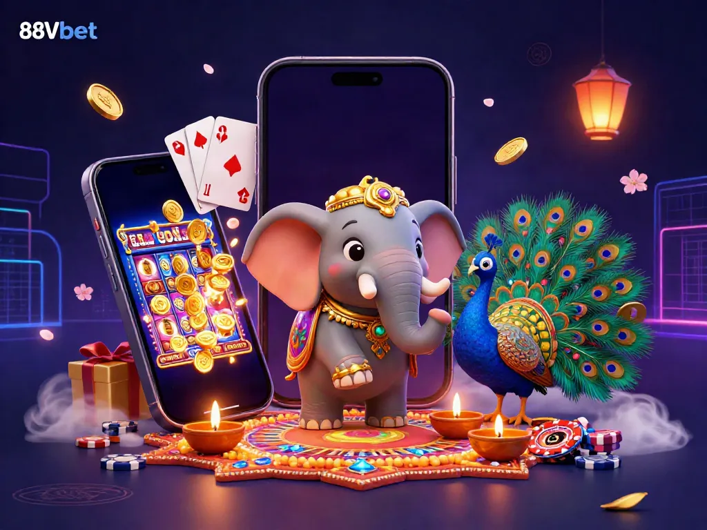 Join the excitement of 88Vbet with vibrant illustrations of a casino-themed elephant and colorful gaming elements.