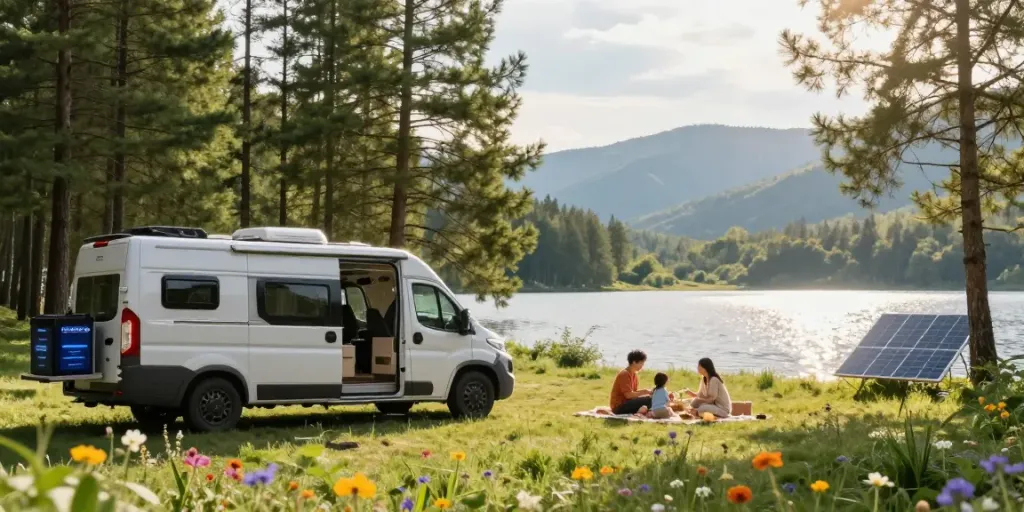 Lithium RV battery powering a camper van at a scenic campsite